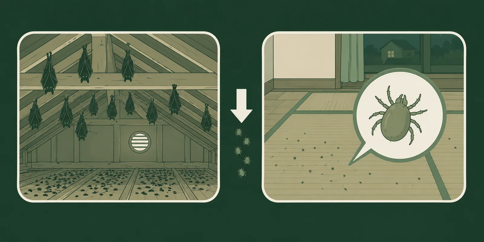 屋根裏のコウモリからダニが室内に侵入する仕組みを示した図解イラスト